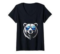 Femme Ours Cool avec Lunettes de Soleil dans Un reflet panoramique T-Shirt avec Col en V