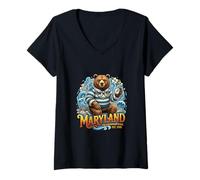 Femme Ours côtier du Maryland Chesapeake Style Nautique T-Shirt avec Col en V