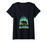 Femme Ours de l'Alaska - Souvenir de Voyage dans la forêt Sauvage T-Shirt avec Col en V