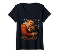 Femme Ours de Noël avec Père Noël Animaux de la forêt Saison d'hiver T-Shirt avec Col en V