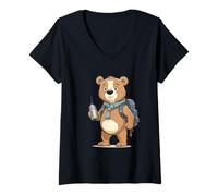 Femme Ours de Randonnée avec Sac à Dos et Thermos T-Shirt avec Col en V