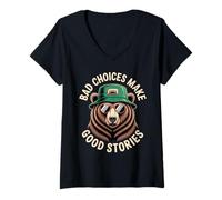 Femme Ours drôle Disant de Mauvais Choix Faire de Bonnes Histoires Humour Meme T-Shirt avec Col en V