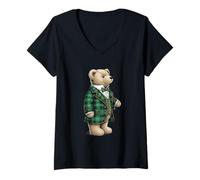 Femme Ours en Costume écossais Vert et nœud Papillon T-Shirt avec Col en V
