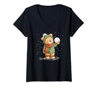 Femme Ours en Peluche avec Effet Boule de Neige T-Shirt avec Col en V