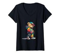 Femme Ours en Peluche Graffiti coloré dans Un Costume de Hip-hop Streetwear T-Shirt avec Col en V