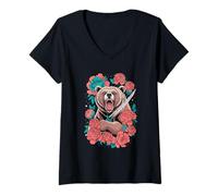 Femme Ours féroce avec épée entouré de Fleurs Roses T-Shirt avec Col en V