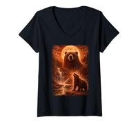 Femme Ours Grizzly Hurlant à la Lune Vintage drôle Mystique T-Shirt avec Col en V