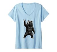 Femme Ours grizzly rétro vintage musical rock gesture drôle ours grizzly T-Shirt avec Col en V