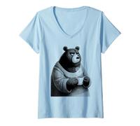 Femme Ours Grognon Café Humour Illustration Drôle T-Shirt avec Col en V