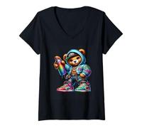 Femme Ours Hip Hop Street Graffiti Style T-Shirt avec Col en V