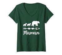 Femme Ours Maman de 2 Enfants Bébés Fête des Mères T-Shirt avec Col en V, Vert Forêt, XXL