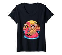 Femme Ours Plage Vacances d'Été Bouée Piscine Flamant Rose T-Shirt avec Col en V
