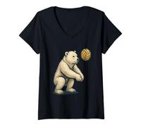 Femme Ours Polaire Jouant au Volley-Ball s'accroupissant et frappant la Balle T-Shirt avec Col en V