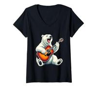 Femme Ours Polaire Jouant de la Guitare Ours Polaire Amusant T-Shirt avec Col en V