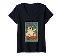 Femme Ours polaire Relax mignon animal vintage relaxant imprimé rétro T-Shirt avec Col en V
