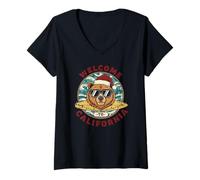 Femme Ours Surfeur de Noël - Welcome to California Design T-Shirt avec Col en V