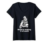 Femme Ours Urbain sur Un Scooter électrique - Encre Funny Animal T-Shirt avec Col en V