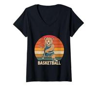 Femme Ours Vintage Jouant au Basket-Ball pour Amoureux des Ours T-Shirt avec Col en V