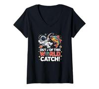 Femme Out of This World Attrapez l'humour de l'espace de pêche astronaute T-Shirt avec Col en V