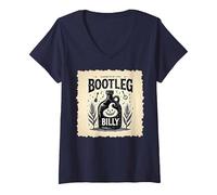 Femme Outlaw Hillbilly Bootleg Billy Moonshine Musique T-Shirt avec Col en V, Bleu Marine, XL