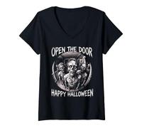 Femme Ouvrez la Porte Joyeux Halloween Zombie Undead T-Shirt avec Col en V
