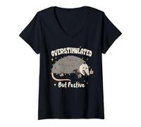 Femme Overstimulated Possum Christmas Lights Funny Holiday Humor T-Shirt avec Col en V