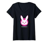 Femme Overwatch 2 D.Va White & Pink Rabbit Center Icon Logo T-Shirt avec Col en V