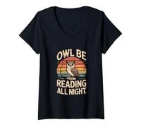 Femme Owl Be Reading All Night Vintage Owl Book Sunset T-Shirt avec Col en V