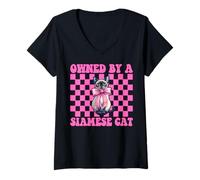Femme Owned by A Siamois Cat Girl Cat Mom Pink Coquette Bow T-Shirt avec Col en V