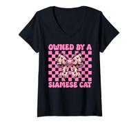Femme Owned by A Siamois Cat Girl Cat Mom Pink Coquette Bow T-Shirt avec Col en V