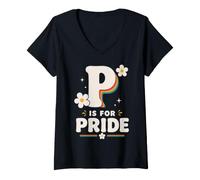 Femme P is for Pride Lettre Arc-en-Ciel rétro Daisy Support LGBTQ T-Shirt avec Col en V