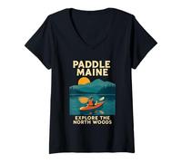 Femme Paddle Maine Chemise Kayak Coucher de Soleil Eau Explorer North Woods T-Shirt avec Col en V