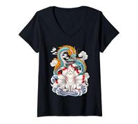 Femme Pagode du Dragon Renard Kitsune à Neuf queues Japonaise T-Shirt avec Col en V