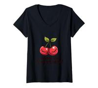 Femme Paire de Cerises souriantes de Dessin animé T-Shirt avec Col en V