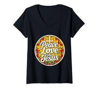 Femme Paix Amour et Jésus-Christ Chrétien Religieux Dieu Fidèle T-Shirt avec Col en V