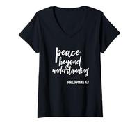 Femme Paix au-delà de la compréhension des Écritures religieuses Verse de la Bible T-Shirt avec Col en V