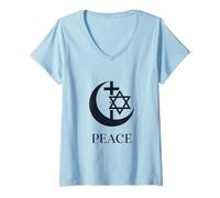 Femme Paix | Croissant de Croix Hexagramme Interreligieux Unité Coexistent T-Shirt avec Col en V