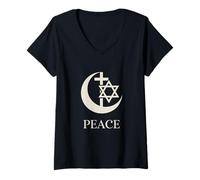Femme Paix | Croissant de Croix Hexagramme Interreligieux Unité Coexistent T-Shirt avec Col en V