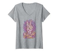 Femme Paix Love Cure Papillon Violet Groovy Peace Sign Lupus T-Shirt avec Col en V