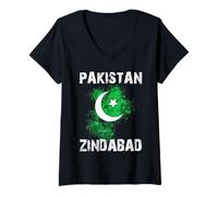Femme Pakistan Zindabad Day Drapeau du Pakistan Croissant de Lune Parade T-Shirt avec Col en V