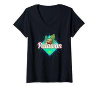 Femme Palawan Island Philippines Noix de Coco Retro Vacation T-Shirt avec Col en V