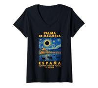 Femme Palma de Mallorca, España Eclipse Solar Total 2026 T-Shirt avec Col en V