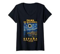 Femme Palma de Mallorca, España Eclipse Solar Total 2026 T-Shirt avec Col en V