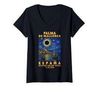 Femme Palma de Mallorca, España Eclipse Solar Total 2026 T-Shirt avec Col en V