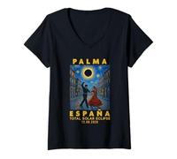 Femme Palma, España Eclipse Solar Total 2026 T-Shirt avec Col en V