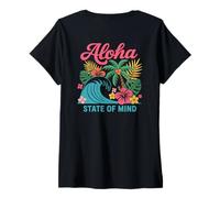 Femme Palmier Aloha State of Mind Retro Wave Hawaii Beach pour Femmes T-Shirt avec Col en V