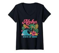 Femme Palmier Aloha State of Mind Retro Wave Hawaii Beach pour Femmes T-Shirt avec Col en V