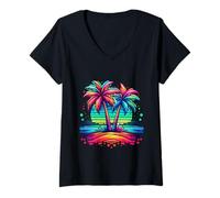 Femme Palmiers colorés Plage néon Plage Vacances drôles T-Shirt avec Col en V