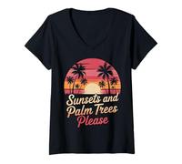 Femme Palmiers Paradis Vacances Plage D'été T-Shirt avec Col en V