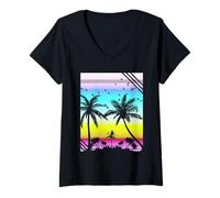 Femme Palmiers rétro d'été Tropical Vacances Voyage T-Shirt avec Col en V
